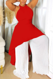 Black White Casual Backless Irregular Sleeveless Ruched Halter Tops And Pleated Wide Leg Pants Two Pieces Trouser Sets