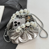 Pearls Decor Small Chanel Style Handbag Chain Crossbody Pleated Bucket Bag