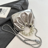 Pearls Decor Small Chanel Style Handbag Chain Crossbody Pleated Bucket Bag