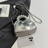 Pearls Decor Small Chanel Style Handbag Chain Crossbody Pleated Bucket Bag