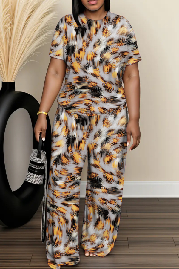 Grey Graphics Print O Neck Short Sleeve Oversize T-shirt And Wide Leg Pants Two Pieces Trouser Set