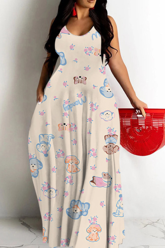 Black White Graphics Print Sleeveless Backless Spaghetti Strap Floor Length Vacation Baggy Sundress Maxi Slip Dress