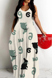 Black White Graphics Print Sleeveless Backless Spaghetti Strap Floor Length Vacation Baggy Sundress Maxi Slip Dress