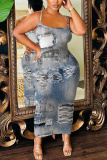 Red Blue Faux Denim Print Sleeveless Backless Spaghetti Strap Casual Outing Vacation Plus Size Bodycon Maxi Slip Dress