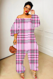 Dark Purple Plaid Print Off Shoulder Long Sleeve Casual Outing Vacation Loose Harem Jumpsuit