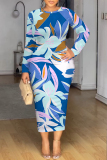 White Red Tie Dye Floral Print O Neckt Long Sleeve Casual Vacation Bodycon Midi Dress