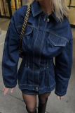 Denim Blue Turndown Collar Long Sleeve Casual Loose Distressed Denim Jacket