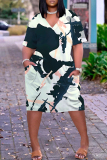 Dark Green African Girls Print V Neck Short Sleeve Plus Size Loose Pockets Casual Outing Midi T-Shirt Dress
