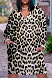 White Black Graphcis Print V Neck Long Sleeve with Pocket Casual Outing Plus Size Straight Loose Midi Dress