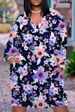Navy Blue Graphcis Print V Neck Long Sleeve with Pocket Casual Outing Plus Size Baggy Straight Midi Dress