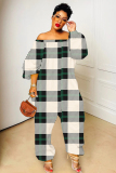 Dark Purple Plaid Print Off Shoulder Long Sleeve Casual Outing Vacation Loose Harem Jumpsuit