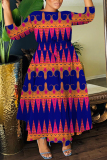 Navy Blue African Graphcis Print O Neck 3/4 Sleeve Belted Waist Casual Vacation Plus Size Loose Maxi Dresses