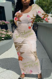 Dark Purple Floral Print O Neckt Short Sleeve Casual Vacation Bodycon Midi T-shirt Dress
