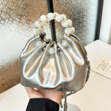 Pearls Decor Small Chanel Style Handbag Chain Crossbody Pleated Bucket Bag