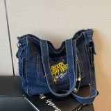 Blue Casual Embroidery Pocket Chains Zipper Large Capacity Denim Tote Bag