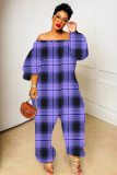 Dark Purple Plaid Print Off Shoulder Long Sleeve Casual Outing Vacation Loose Harem Jumpsuit