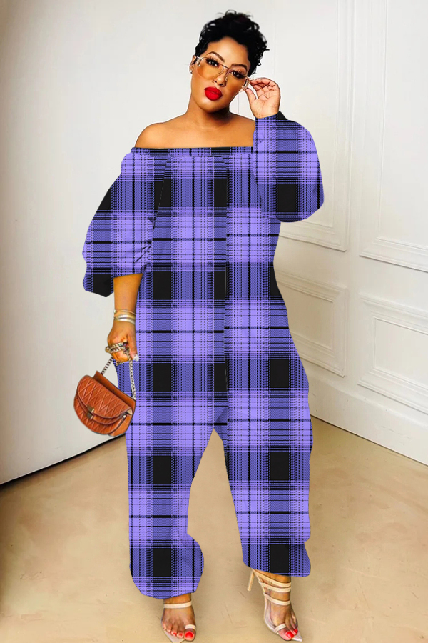 Dark Purple Plaid Print Off Shoulder Long Sleeve Casual Outing Vacation Loose Harem Jumpsuit