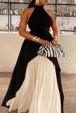 Black White Casual Backless Irregular Sleeveless Ruched Halter Tops And Pleated Wide Leg Pants Two Pieces Trouser Sets