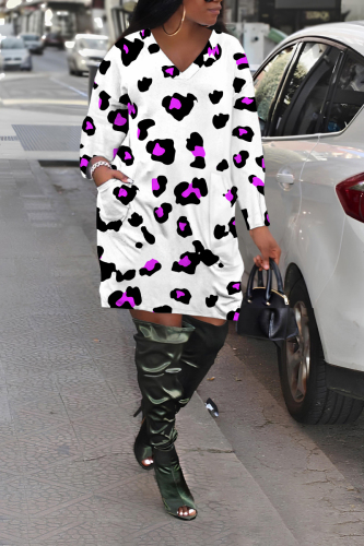 White Leopard Print V Neck Long Sleeve Pocket Casual Loose Midi Dresses