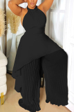 Black White Casual Backless Irregular Sleeveless Ruched Halter Tops And Pleated Wide Leg Pants Two Pieces Trouser Sets