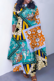 Blue Orange African Graphics Print O Neck 3/4 Sleeve Belted Waist Casual Outing Plus Size Straight Loose Maxi Dresses