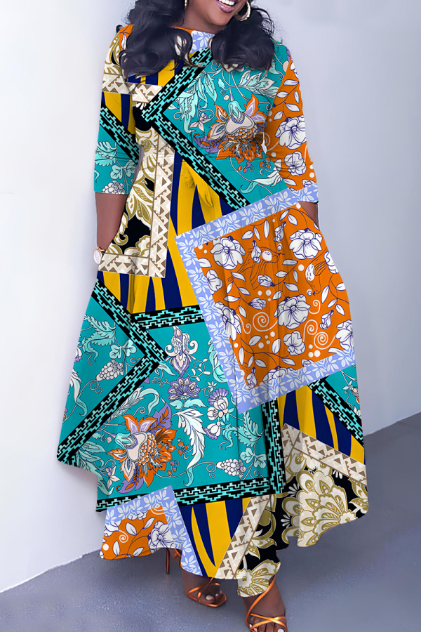 Blue Orange African Graphics Print O Neck 3/4 Sleeve Belted Waist Casual Outing Plus Size Straight Loose Maxi Dresses