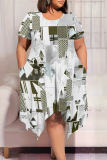 White Green Graphics Print Pocket O Neck Short Sleeve Irregular Hem Casual Plus Size Midi T-shirt Dresses