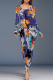 Dark Purple Floral Print O Neckt Short Sleeve Casual Vacation Bodycon Midi T-shirt Dress
