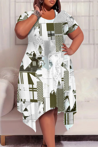 White Green Graphics Print Pocket O Neck Short Sleeve Irregular Hem Casual Plus Size Midi T-shirt Dresses