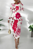 White Red Tie Dye Floral Print O Neckt Long Sleeve Casual Vacation Bodycon Midi Dress