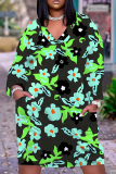 Navy Blue Graphcis Print V Neck Long Sleeve with Pocket Casual Outing Plus Size Baggy Straight Midi Dress