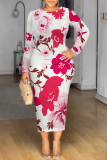 White Red Tie Dye Floral Print O Neckt Long Sleeve Casual Vacation Bodycon Midi Dress