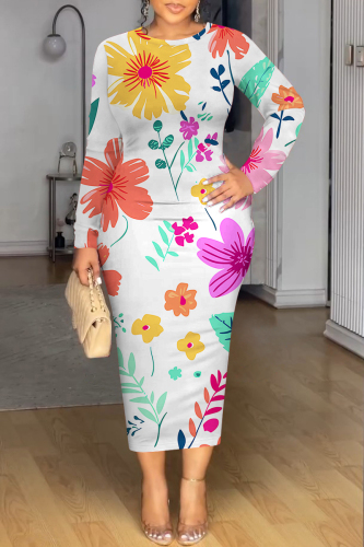 White Floral Print O Neckt Long Sleeve Casual Vacation Bodycon Midi Dress