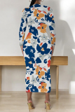 White Red Tie Dye Floral Print O Neckt Long Sleeve Casual Vacation Bodycon Midi Dress