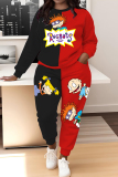 Blue Red Sportwear Cartoon Letter Print Round Neck Long Sleeve Sweatshirt and Pencil Sweatpants Fall Winter Two Pieces Sweatsuits Sets