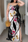 Army Green Geometric Leopard Print Sleeveless U Neck Slit Plus Size Maxi Slip Dresses