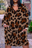White Black Graphcis Print V Neck Long Sleeve with Pocket Casual Outing Plus Size Straight Loose Midi Dress