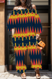 Navy Blue African Graphcis Print Off Shoulder Long Sleeve Casual Vacation Harem Leg Jumpsuits