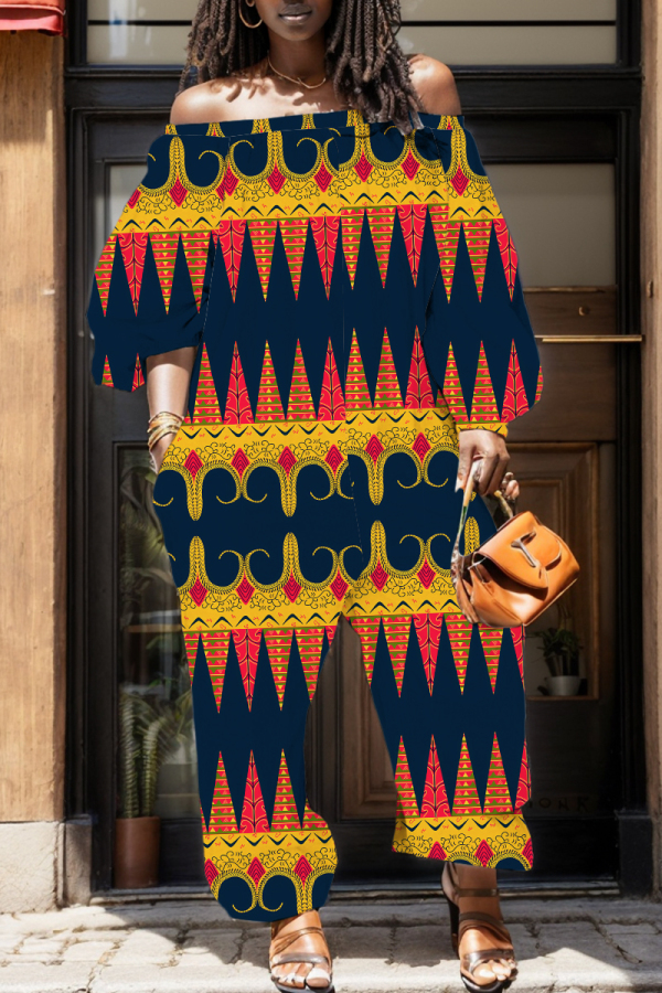 Navy Blue African Graphcis Print Off Shoulder Long Sleeve Casual Vacation Harem Leg Jumpsuits
