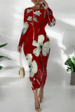 White Floral Print O Neckt Long Sleeve Casual Vacation Bodycon Midi Dress