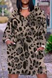 White Black Graphcis Print V Neck Long Sleeve with Pocket Casual Outing Plus Size Straight Loose Midi Dress