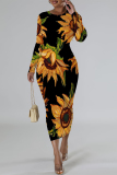 White Floral Print O Neckt Long Sleeve Casual Vacation Bodycon Midi Dress