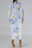 White Floral Print O Neckt Long Sleeve Casual Vacation Bodycon Midi Dress