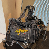 Blue Casual Embroidery Pocket Chains Zipper Large Capacity Denim Tote Bag