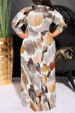 Navy African Floral Print O Neck 3/4 Sleeve Floor Length Long Plus Size Vacation Casual Maxi Dresses
