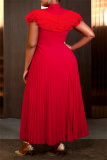 Red Half A Turtleneck Short Sleeve Formal Office Lady Casual Pleated Maxi Dresses