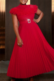 Red Half A Turtleneck Short Sleeve Formal Office Lady Casual Pleated Maxi Dresses