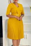 Yellow Half Sleeve V Neck With Belt Casual Formal Office Lady A Line Pleated Midi Dresses