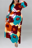 Orange Floral Print O Neck Long Sleeve Belted Casual Loose Vacation Plus Size Maxi Dresses