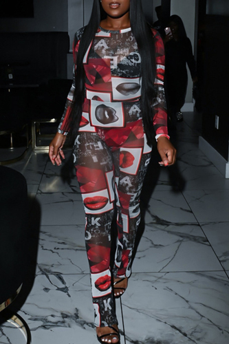 Red Lips Print O Neck Long Sleeve Tops And Skinny Pants Casual Two Pieces Trouser Sets